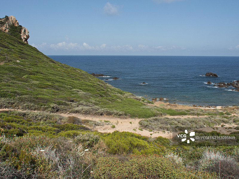 法国科西嘉岛阿雅克肖，绿色小山延伸至海岸，背景可见大海和岩石图片素材