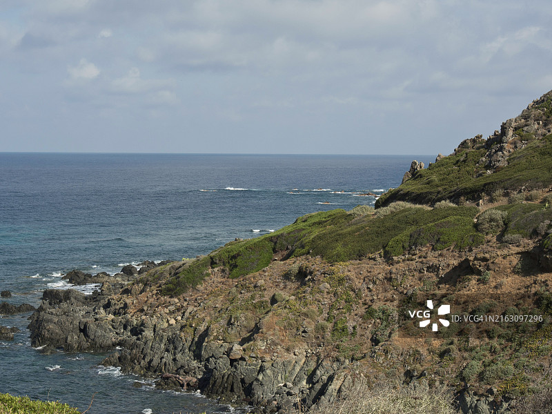 法国科西嘉岛阿雅克肖绿树成荫的岩石海岸和宁静的海面图片素材