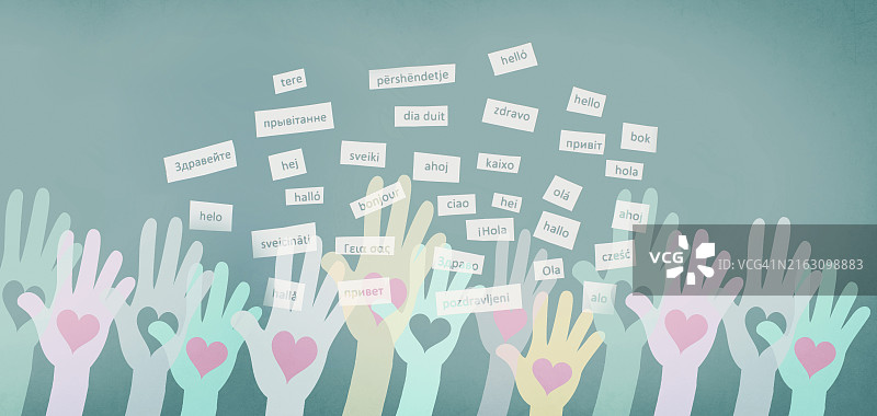 欧洲语言：用欧洲不同语言表达“你好”，多语种商业和社群概念，欧盟多语现象图片素材