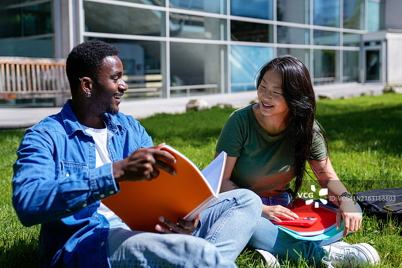 大学生在校园草坪上享受学习时光图片素材