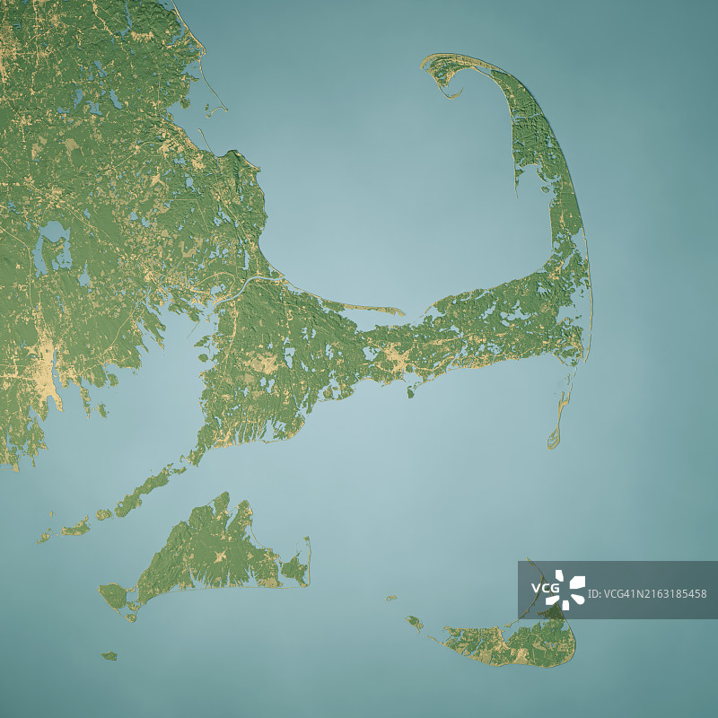 科德角楠塔基特海峡卫星地形图3D渲染彩色图片素材