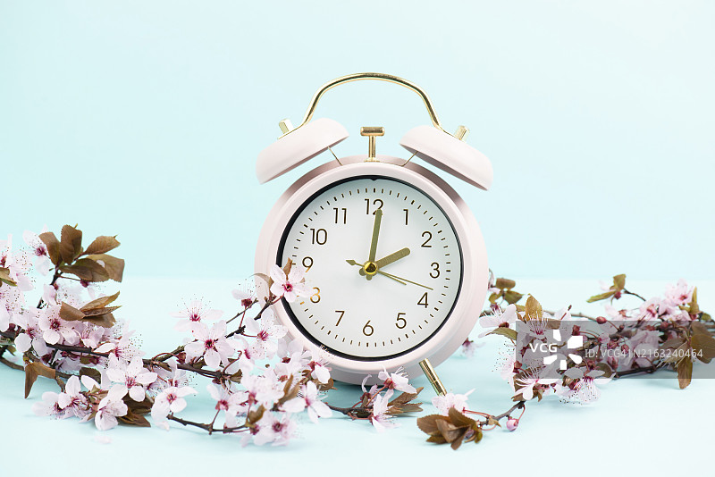 带有樱花的闹钟，春季夏令时转换图片素材