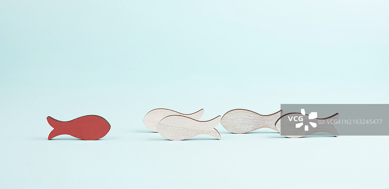 红鱼是团队的领导者，领导力和团队合作理念，成为赢家，成功并在商业中起步，遵循新思路图片素材