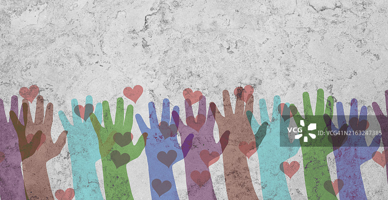 墙上带有爱心的彩色手，志愿概念、慈善与友谊、支持团队合作图片素材