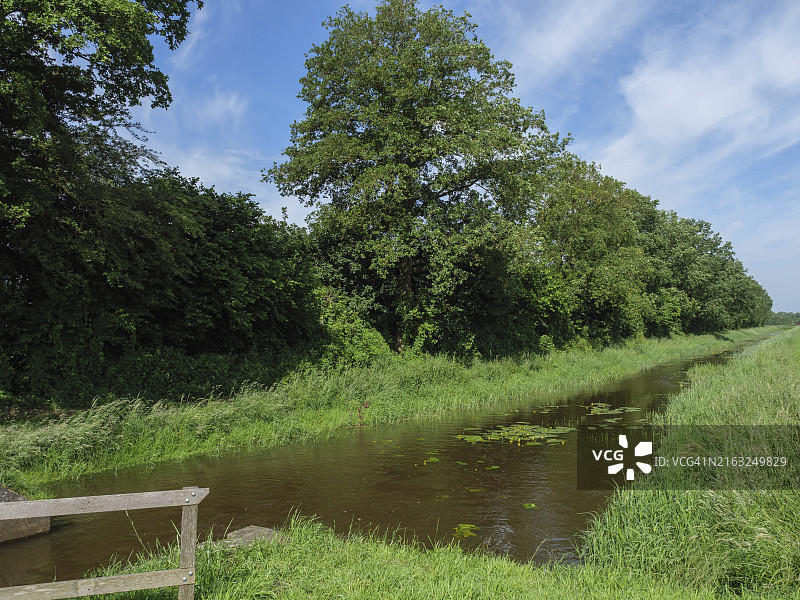 荷兰海尔德兰省利滕沃尔德，狭窄的河流静静地流淌在绿色的河岸边图片素材