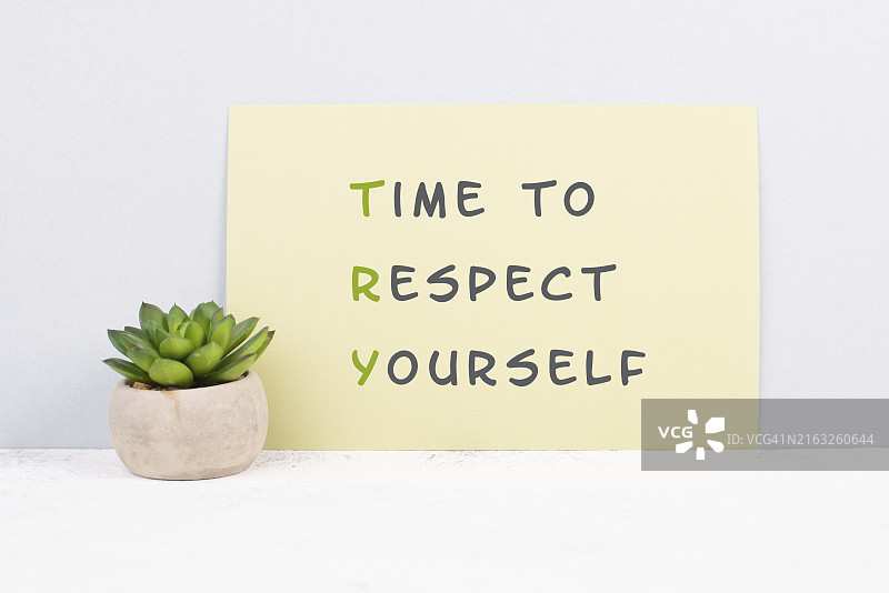 纸上的“是时候尊重自己了”字样，责任与发展，激励概念，信息旁边的仙人掌植物图片素材