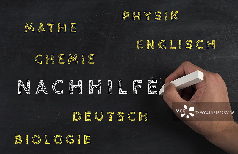 黑板上用德语写着“家教”字样，帮助学生学习数学、物理、化学、英语和生物，教育理念图片素材