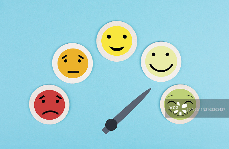 带笑脸和哭脸的转速表：商业和服务评级、评估概念、营销、情绪板图片素材