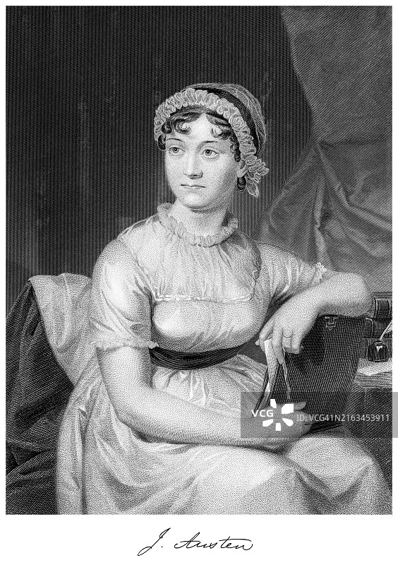 简·奥斯汀肖像（1775年12月16日-1817年7月18日），英国小说家，以其六部小说闻名，这些小说隐含地诠释、评论了18世纪末英国乡绅图片素材