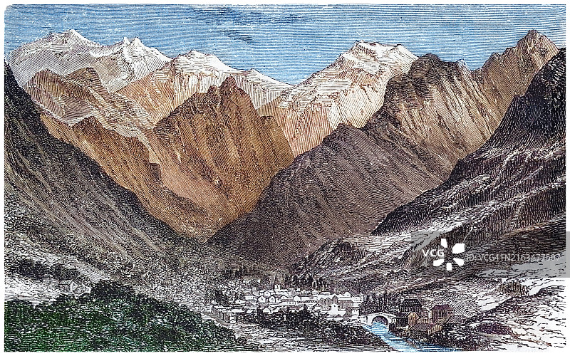 老式雕刻插图：科特雷，法国西南奥克西塔尼地区上比利牛斯省的温泉镇、滑雪胜地和公社图片素材