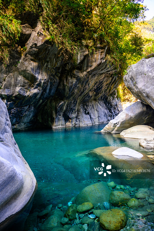 台湾花莲太鲁阁公园山峡谷中充满活力的蓝色河流图片素材