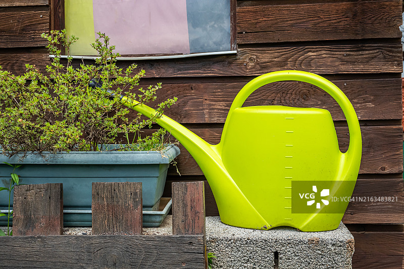 风化木墙上花盆旁的绿色喷壶图片素材