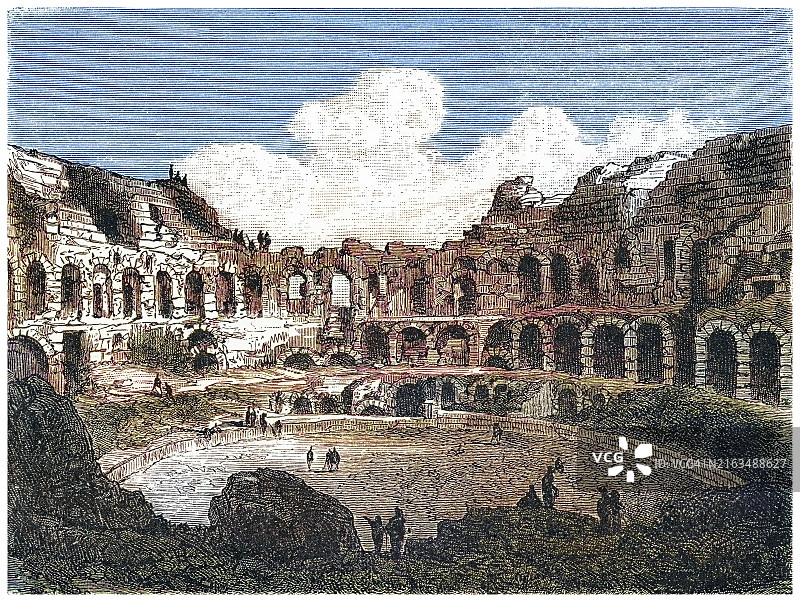 法国南部尼姆圆形竞技场古版画插图图片素材