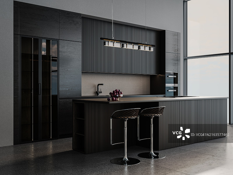 现代无烟煤木制厨房和餐厅室内设计3D建模图片素材