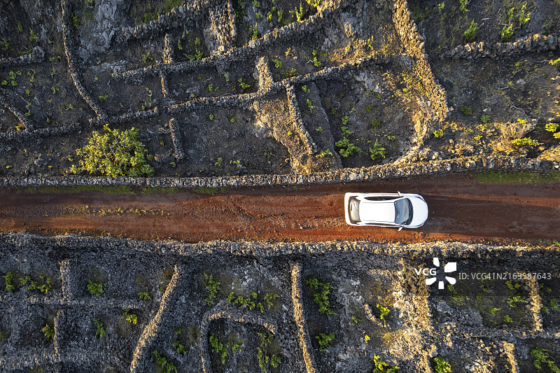 亚速尔群岛皮库岛葡萄园中的汽车行驶图片素材
