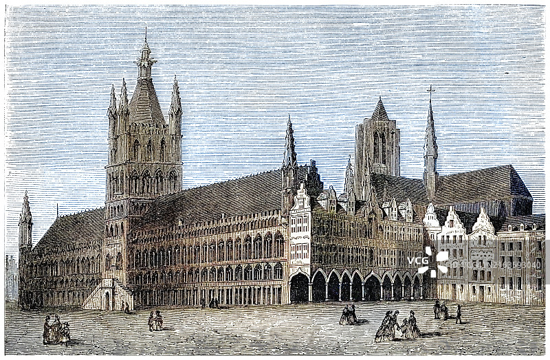 比利时城市伊普尔市集广场布料厅的古老雕刻插图图片素材