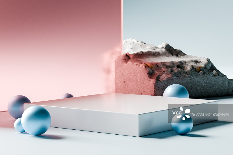 带有蓝色球体和白色平台的抽象极简背景图片素材