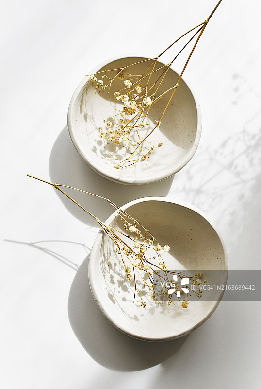 从上方看到的带有干花的米色碗图片素材