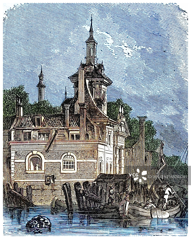 荷兰鹿特丹港口的古老雕刻插图图片素材