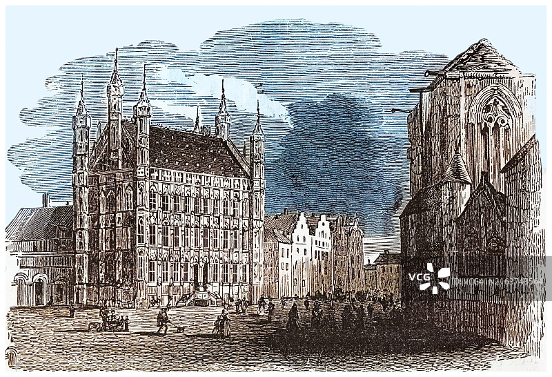 比利时弗拉芒区鲁汶市集市广场古版画图片素材