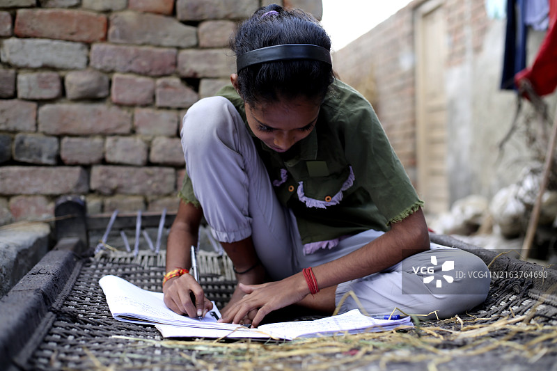 乡村女孩在家学习的肖像图片素材