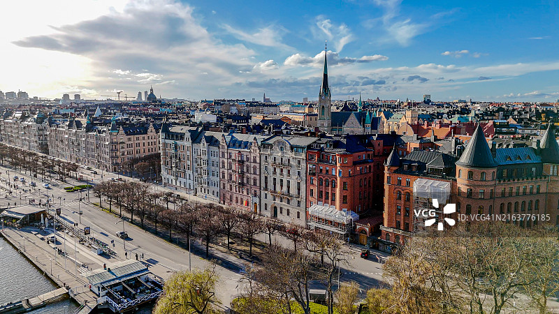 斯德哥尔摩奥斯卡教堂与滨海大道航拍图片素材