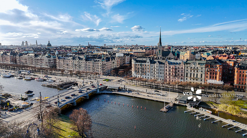 斯德哥尔摩奥斯卡教堂与滨海大道航拍图片素材
