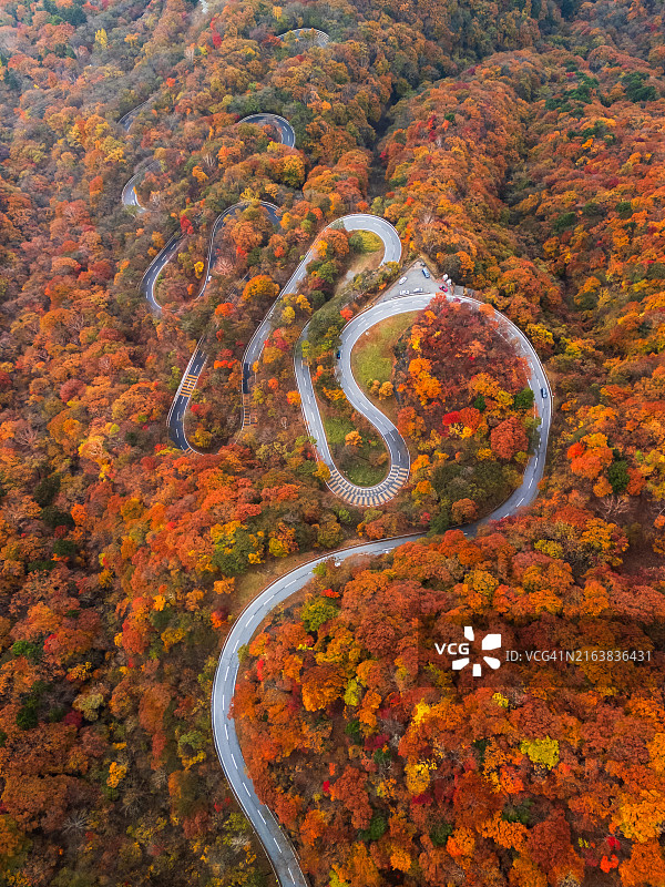 日本日光市美丽山脉的蜿蜒道路航拍图片素材