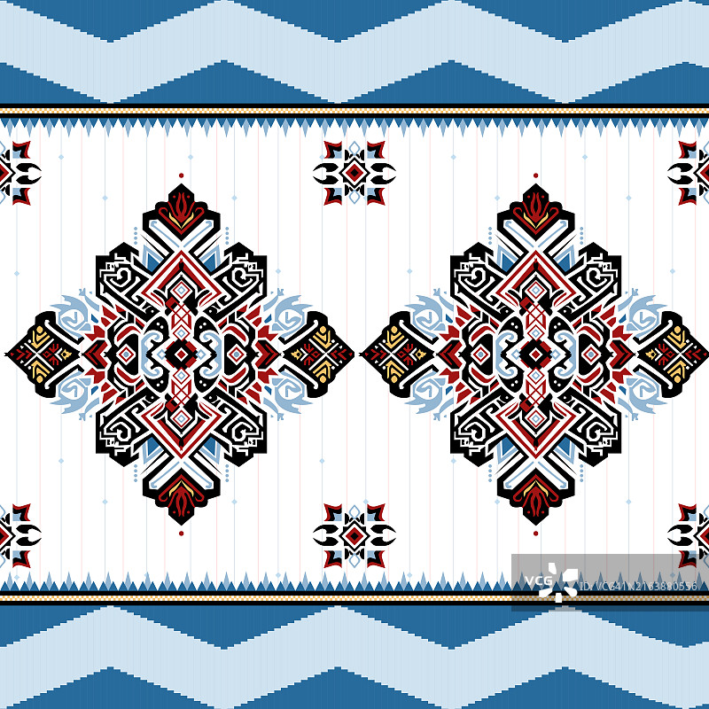 蓝色和红色调中错综复杂的几何民族图案图片素材