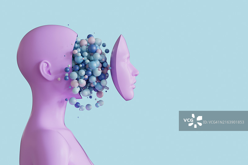 AI合成人头部，人工智能技术，头部飞出球体图片素材