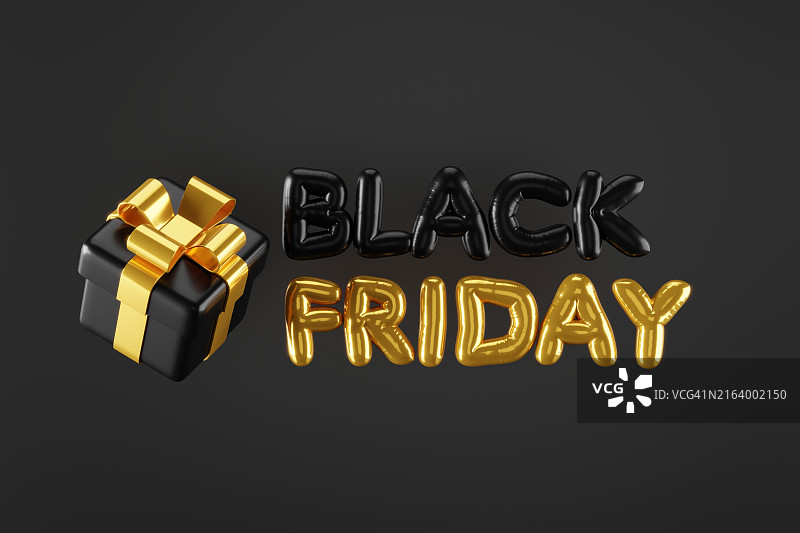 黑色星期五金色气球和金色丝带礼品盒图片素材