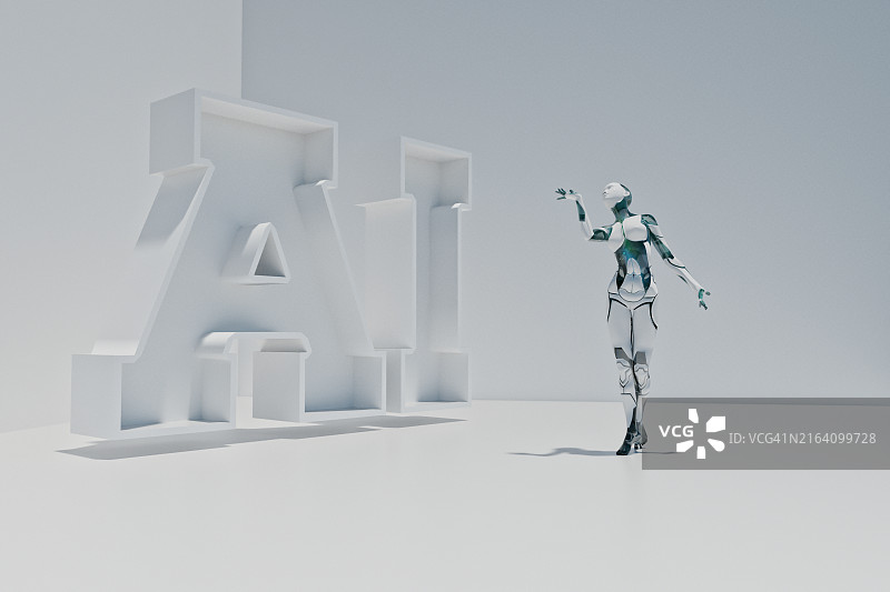 AI字母旁的女性电子人图片素材