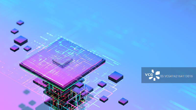 量子计算机、虚拟CPU和计算机芯片概念，数字数据图片素材