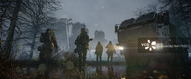 荒凉景象中的末日士兵与装甲卡车图片素材