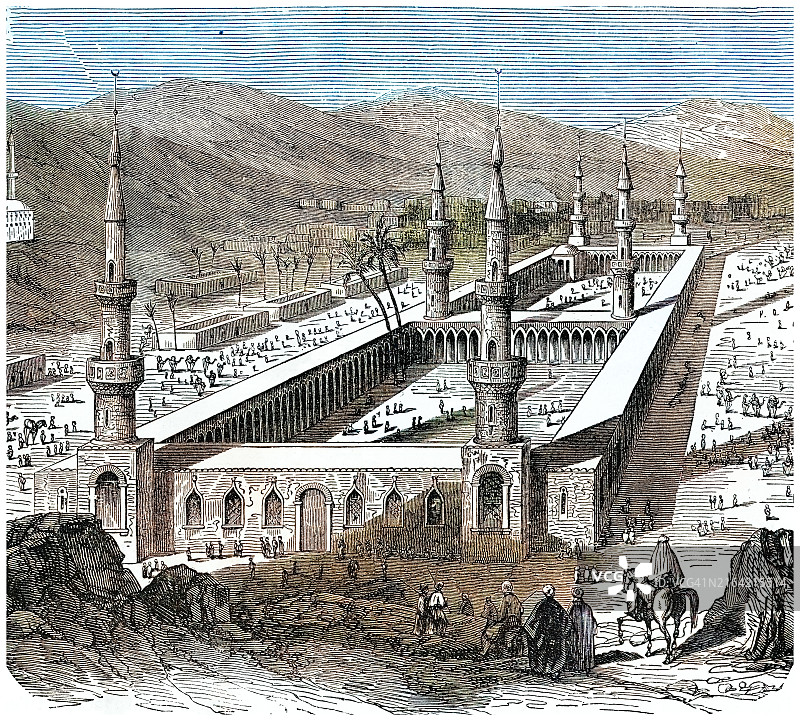 麦地那古城雕刻插图，沙特阿拉伯麦地那省首府，伊斯兰教第二大圣城图片素材