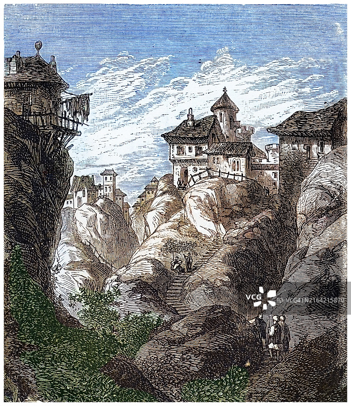 土耳其埃迪尔内（原阿德里安堡）附近山区村庄的古版雕刻插图图片素材