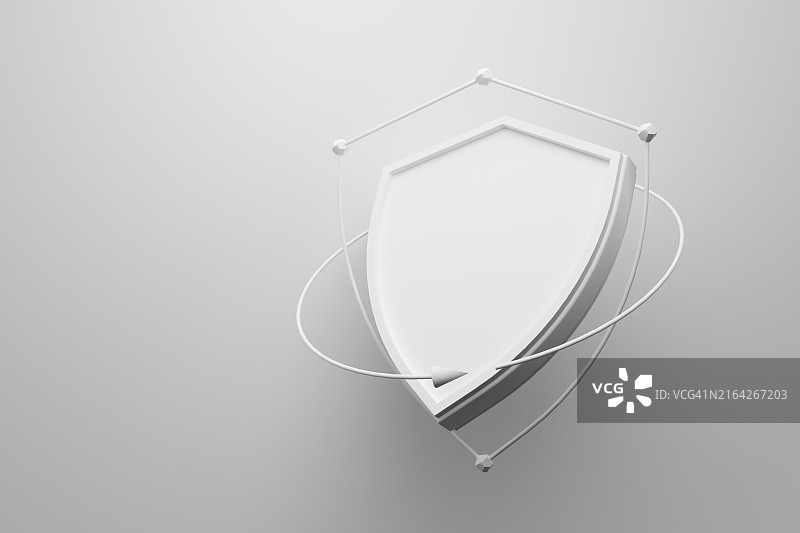 安全和保障解决方案概念，白色磨砂3D抽象盾牌图标，带圆形旋转箭头的3D图示。图片素材