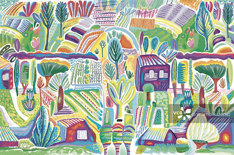 小花园村舍绘画插画图片素材