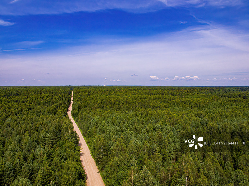 鸟瞰森林和道路的如画美景，背景是蓝天图片素材