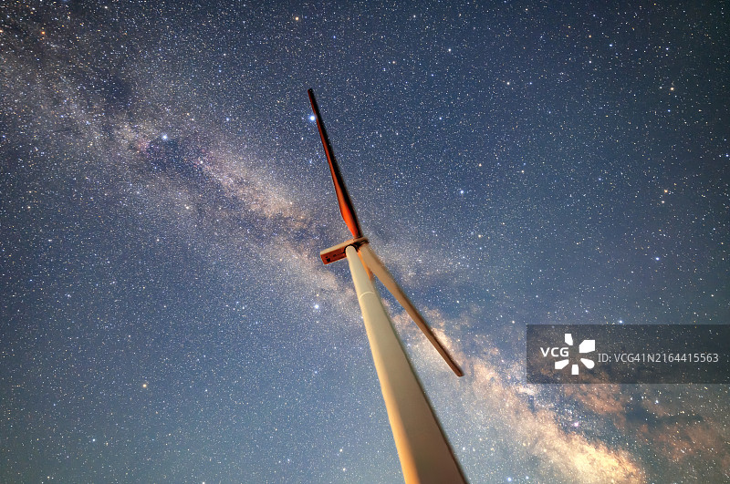 星空和银河下的风力涡轮机：可持续概念图片素材