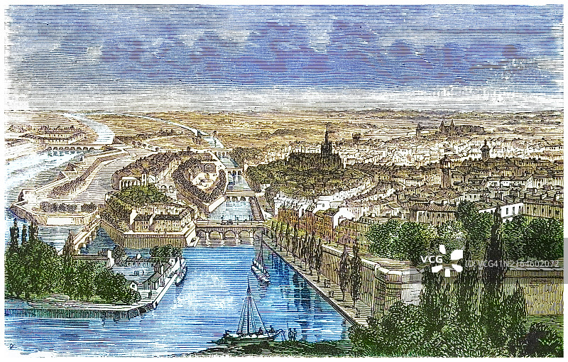 梅斯的古老雕刻插图，梅斯是位于法国东北部摩泽尔河和塞耶河交汇处的一座城市图片素材