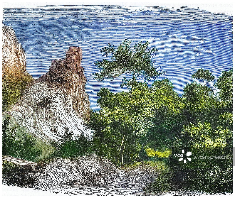 意大利北部南蒂罗尔省首府博尔扎诺山谷的古老雕刻插图图片素材