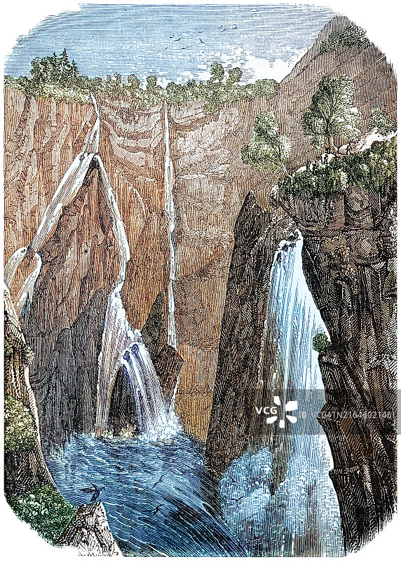 挪威沃ringsfossen瀑布古版画插图图片素材