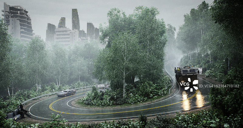 雨后森林道路和破败的城市景观图片素材