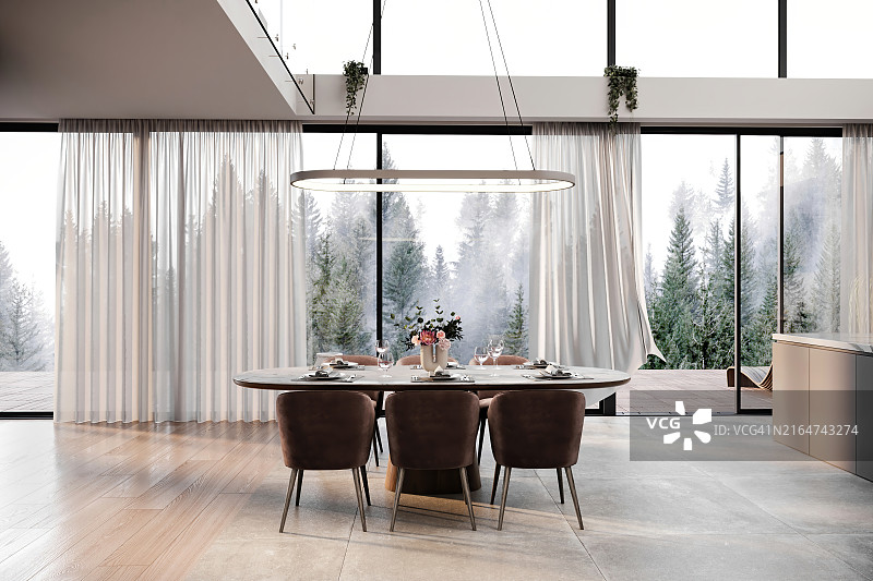 带大窗户的现代小屋餐厅内饰图片素材