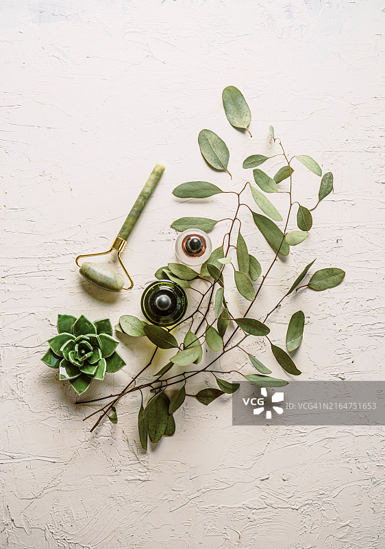 桉树叶和面部按摩用玉石滚轮精油图片素材