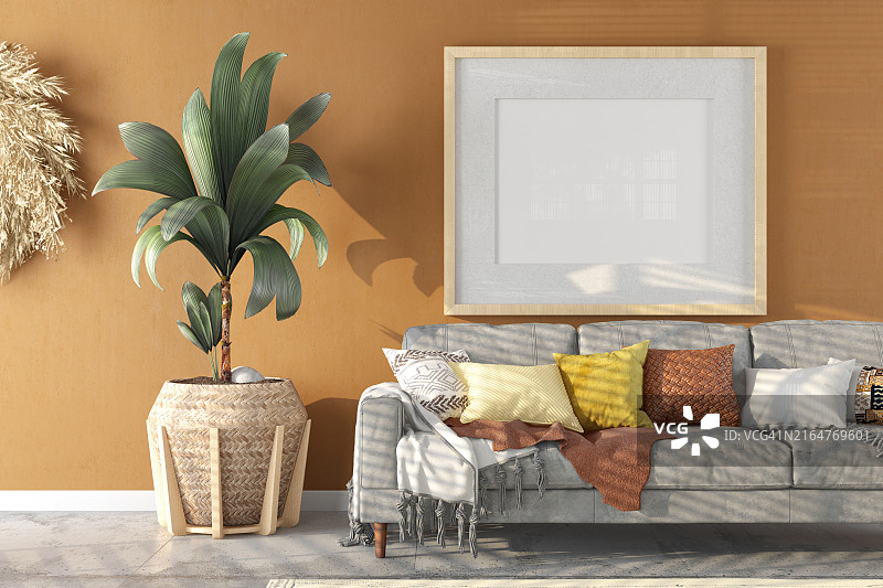带空白样机画框的舒适米色客厅图片素材