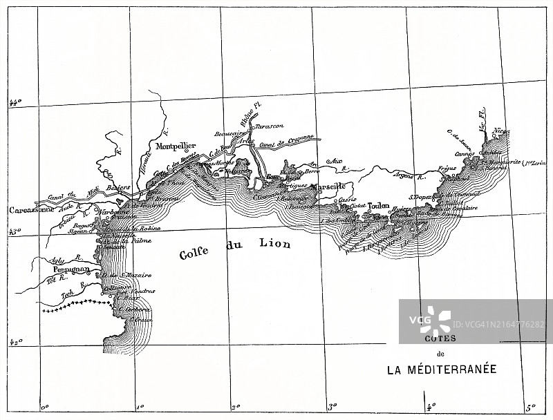老式雕刻地图：法国、西班牙之间的利翁湾图片素材