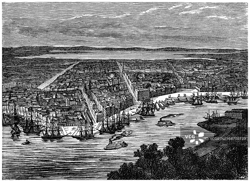 老式雕刻插图：新奥尔良，美国路易斯安那州密西西比河沿岸城市图片素材