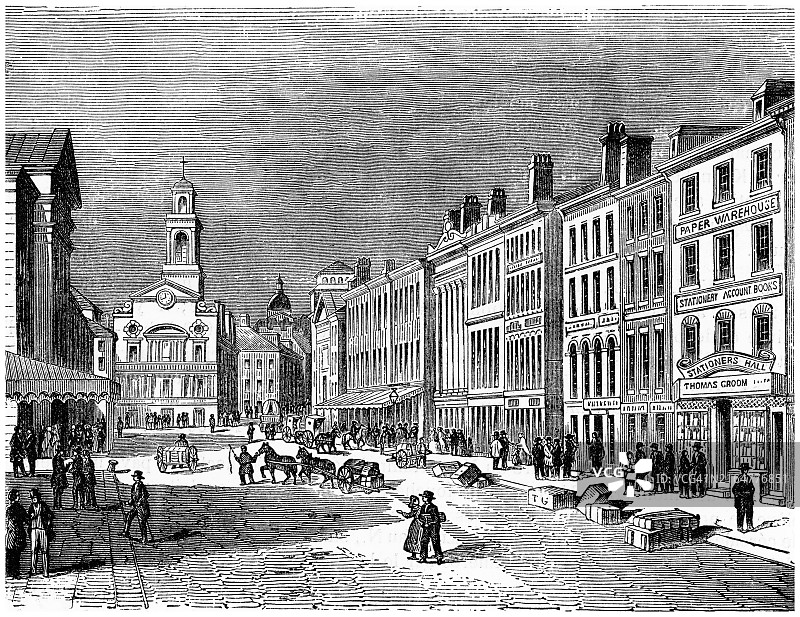 古老的雕刻插图：美国马萨诸塞州波士顿市的主要街道图片素材